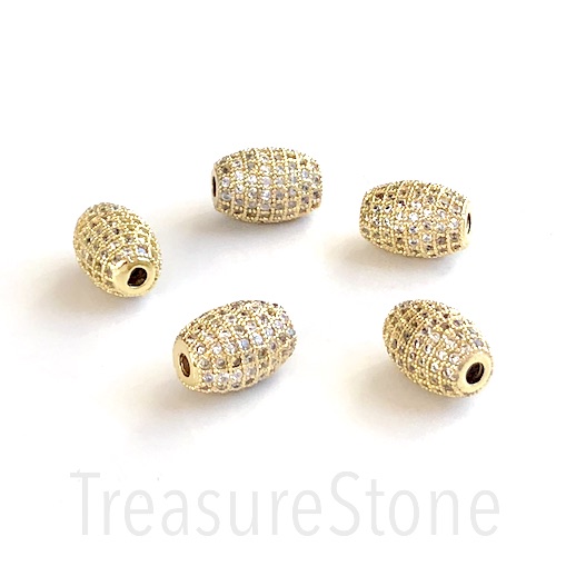 Pave Bead, brass, 8x12mm gold oval/rice, clear CZ. Each